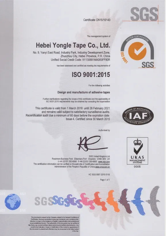 Printed compliance certificate for adhesive tape with SGS marks and company details