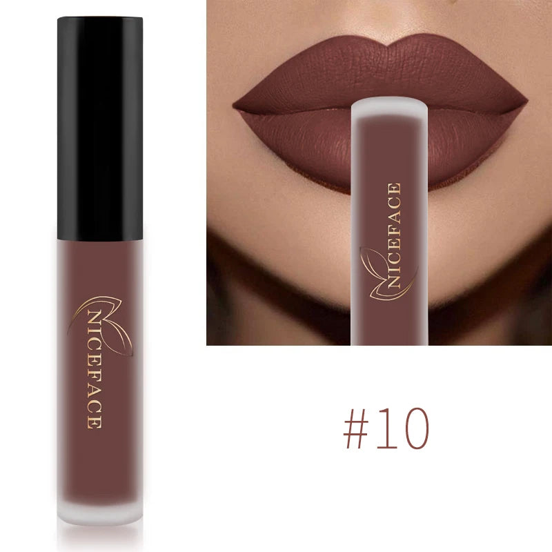 NICEFACE shade #10 velvet matte liquid lipstick, waterproof nude brown lip tint with smooth, long-lasting pigment.
