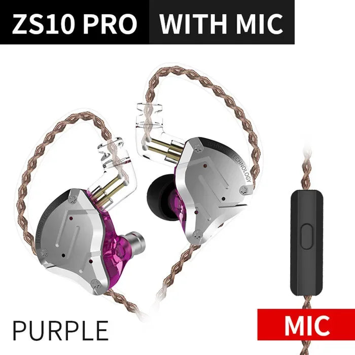 KZ ZS10 Pro 5-Driver HiFi Wired In-Ear Monitors by Tidesmit ZS10 Pro Purple Mic Tidesmit