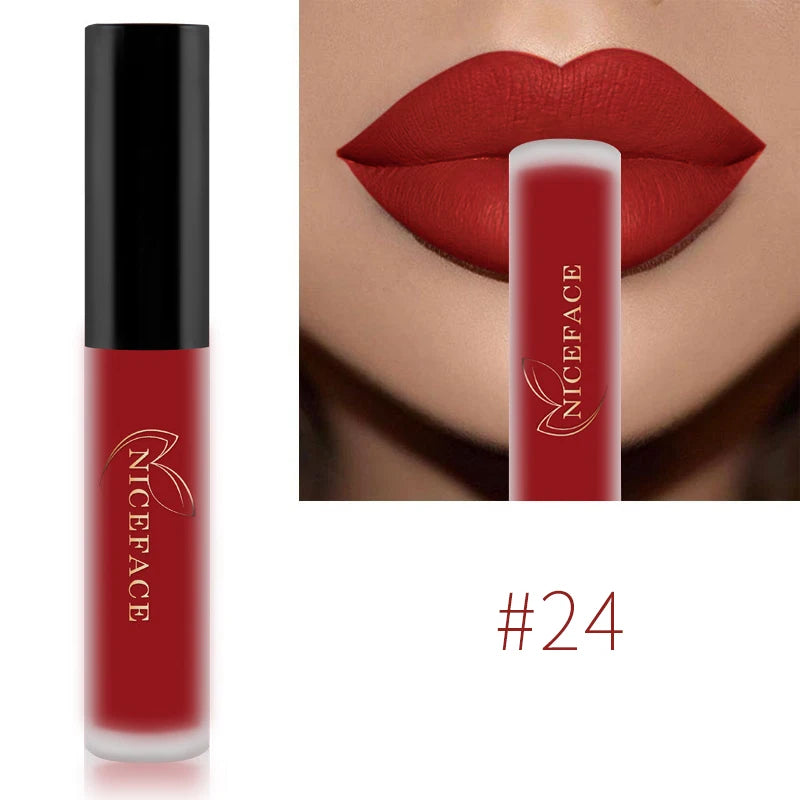 NICEFACE #24 velvet matte liquid lipstick in bold red, long-lasting waterproof lip tint with smooth pigment finish.