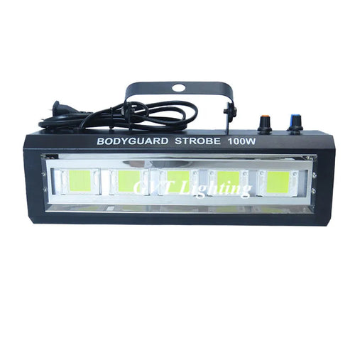 LED strobe light projector, black body with side knobs and front strobe window
