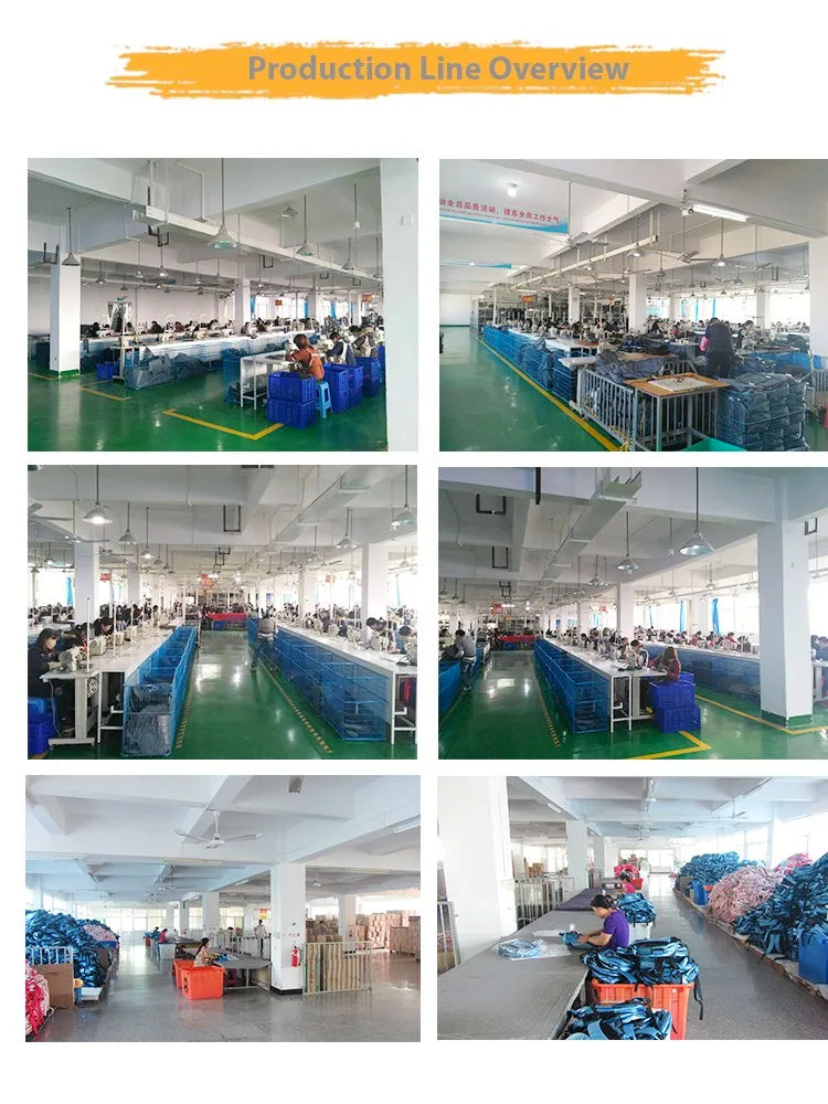 Factory production line of Polynesian custom leather handbags and trunks, featuring sewing stations and material bins.