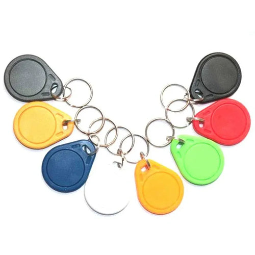 Multicolor RFID key fob tags on metal key rings, assorted round housings