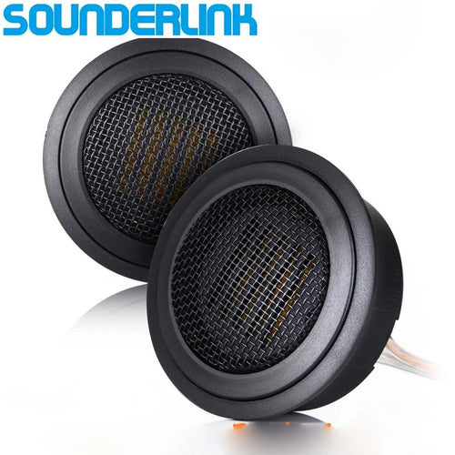 Pair of black car audio AMT ribbon tweeters with mesh grills and lead wires