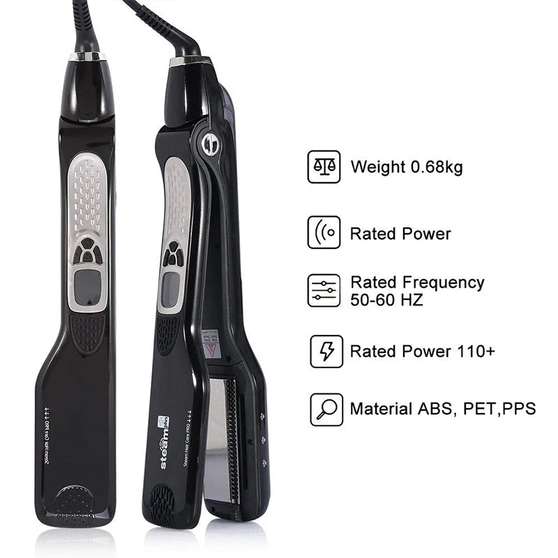 Black steam hair straightener with digital display, professional flat iron plates, and technical specifications list.