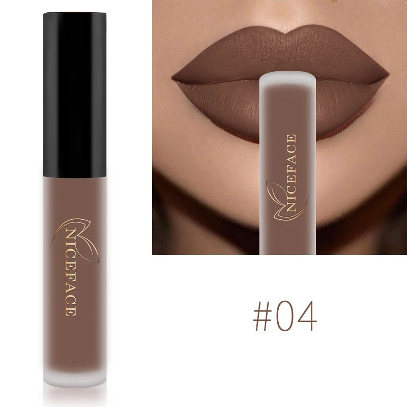 NICEFACE waterproof velvet matte liquid lipstick in nude brown shade #04, featuring long-wear pigment for lips.
