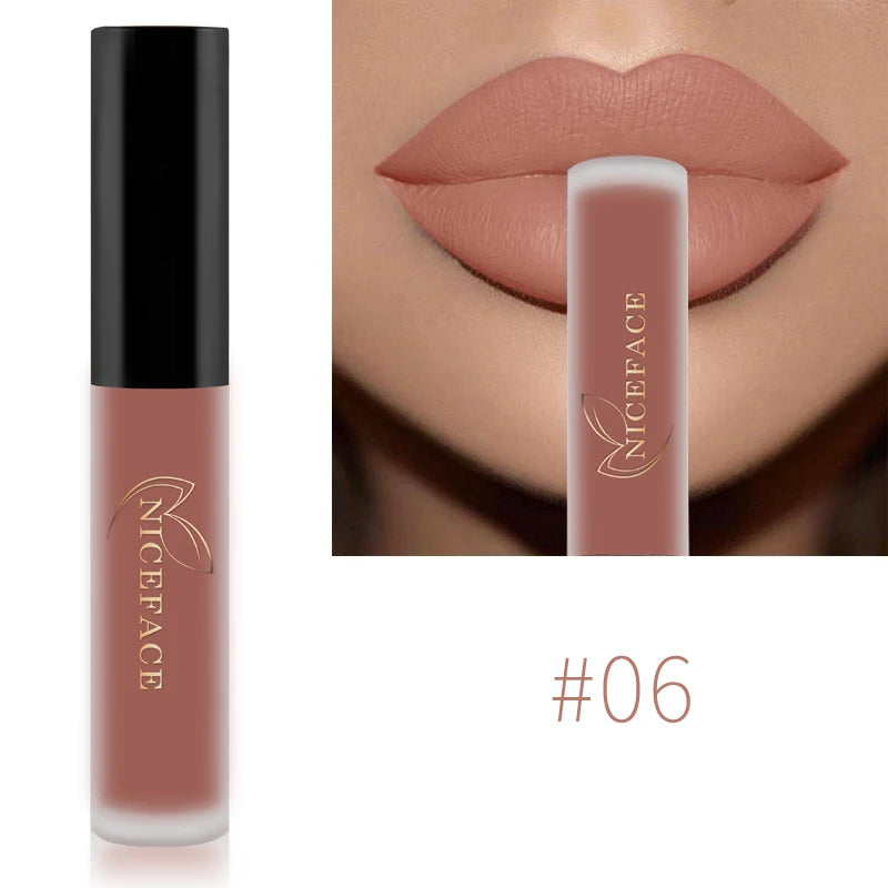 NICEFACE #06 velvet nude matte liquid lipstick, waterproof long-lasting lip tint with smooth pigment finish.