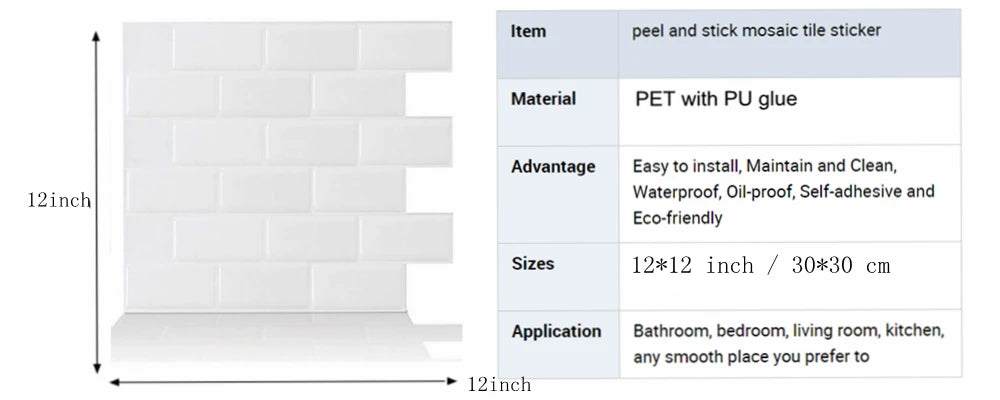 Vividtiles Big Size 12*12 inch Self adhesive Waterproof Heatproof Vinyl Wallpaper 3D Peel and Stick Mosaic Tiles - 5 Sheet