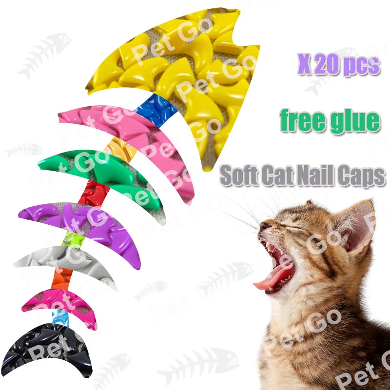 Colorful soft silicone cat nail caps (20 pack) with glue for scratch protection, available in sizes XS to L.
