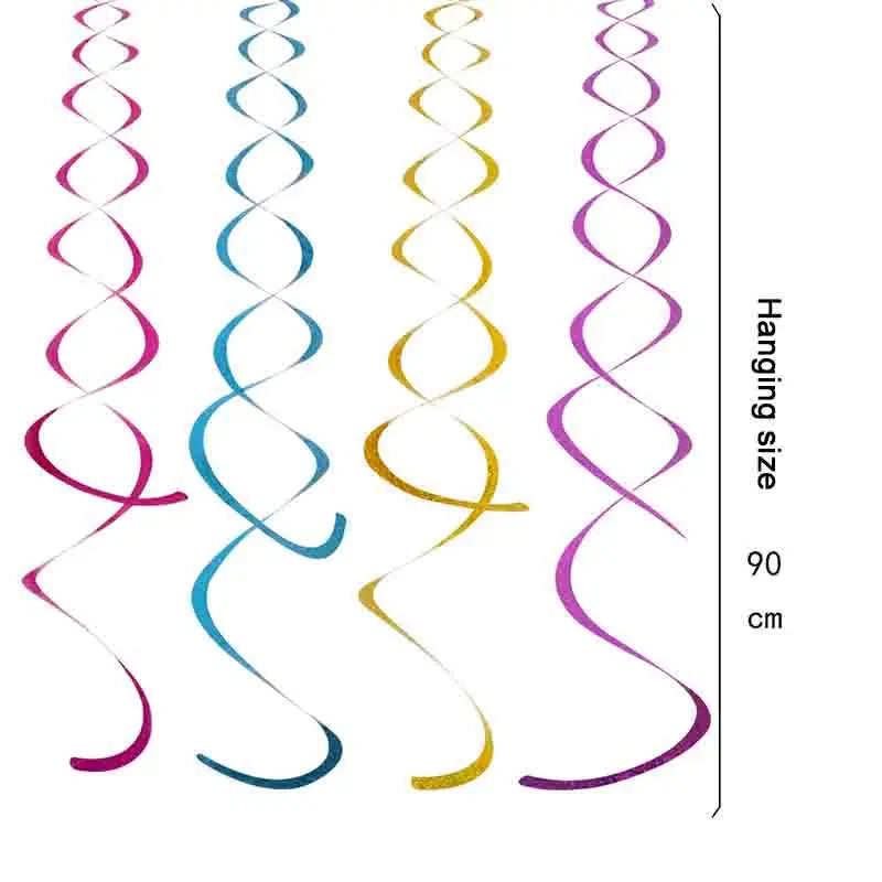 6pcs laser hanging swirl decorations in colorful designs, 90cm long, perfect for pet party birthdays and celebrations.