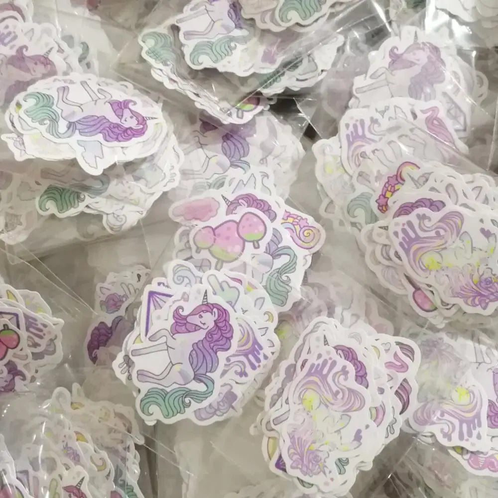 Bag of pastel character stickers with unicorns, mermaids, and decorative icons