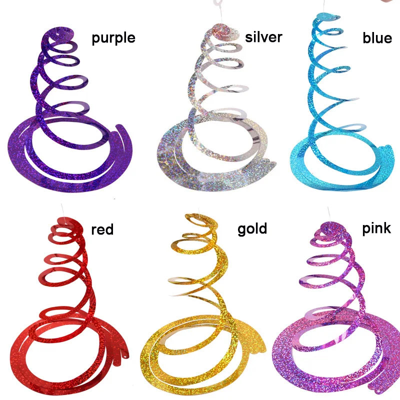 6-piece set of colorful, laser-finish hanging swirl decorations for festive party, birthday, and celebration decor.