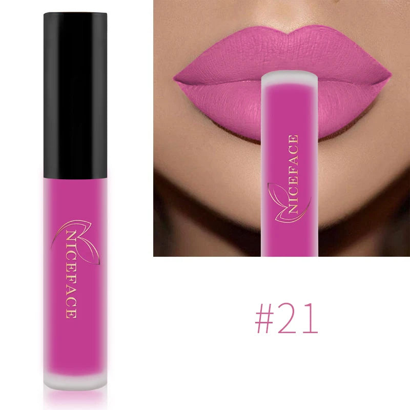 Niceface waterproof velvet matte liquid lipstick in vibrant pink, shade #21, showing smooth, long-lasting lip makeup.