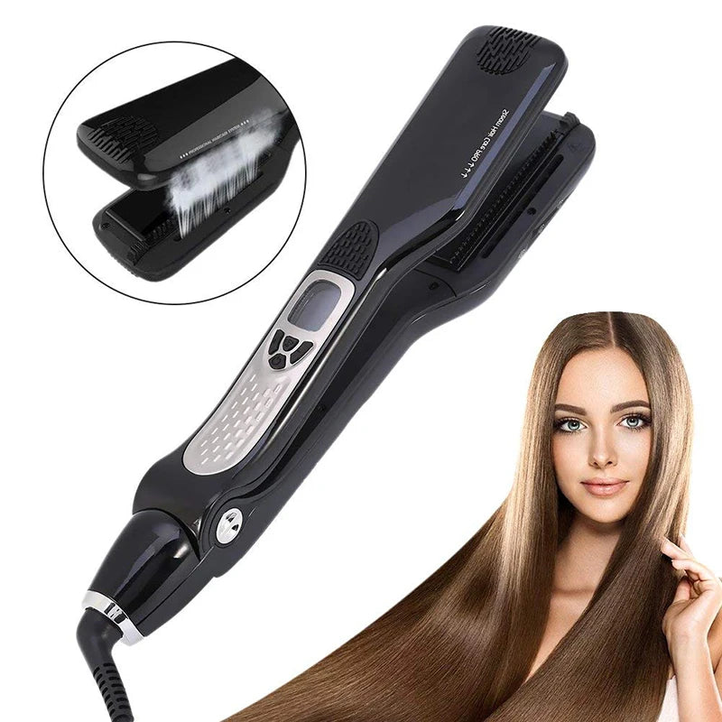 Black professional steam hair straightener with LCD screen, ceramic plates, and vapor infusion for sleek, shiny hair.