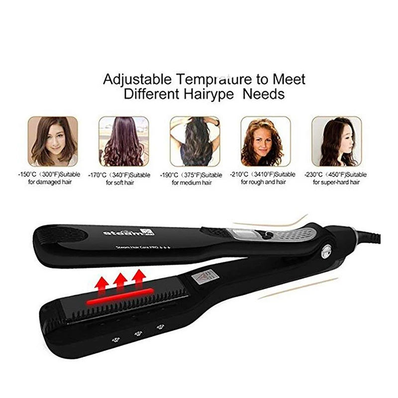 Black steam hair straightener with adjustable temperature settings and built-in comb for all hair types.