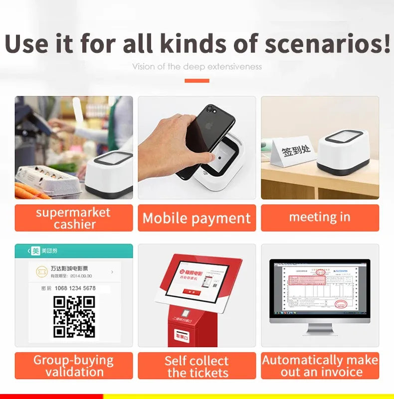 2D barcode scanner platform with use-case icons, including mobile payment and tickets