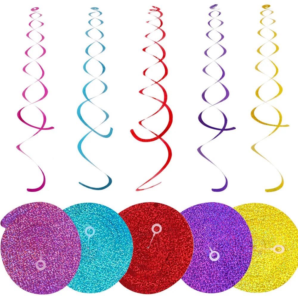 6pcs set of colorful laser hanging swirl decorations, perfect for pet birthday parties and festive home celebrations.