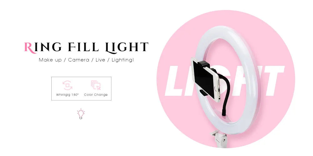 White circular ring light with a center smartphone mount on a stand, used for makeup, photography, and live streaming.
