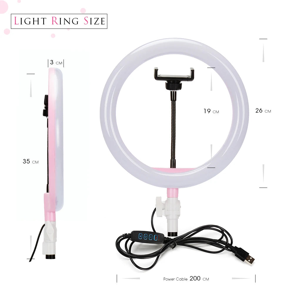 26cm white and pink circular ring light with phone holder, adjustable stand, and USB power cable for photography.