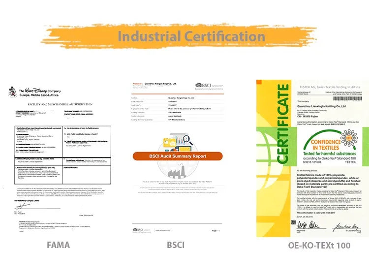 Industrial certification documents including FAMA, BSCI audit report, and OEKO-TEX standard for quality handbags.