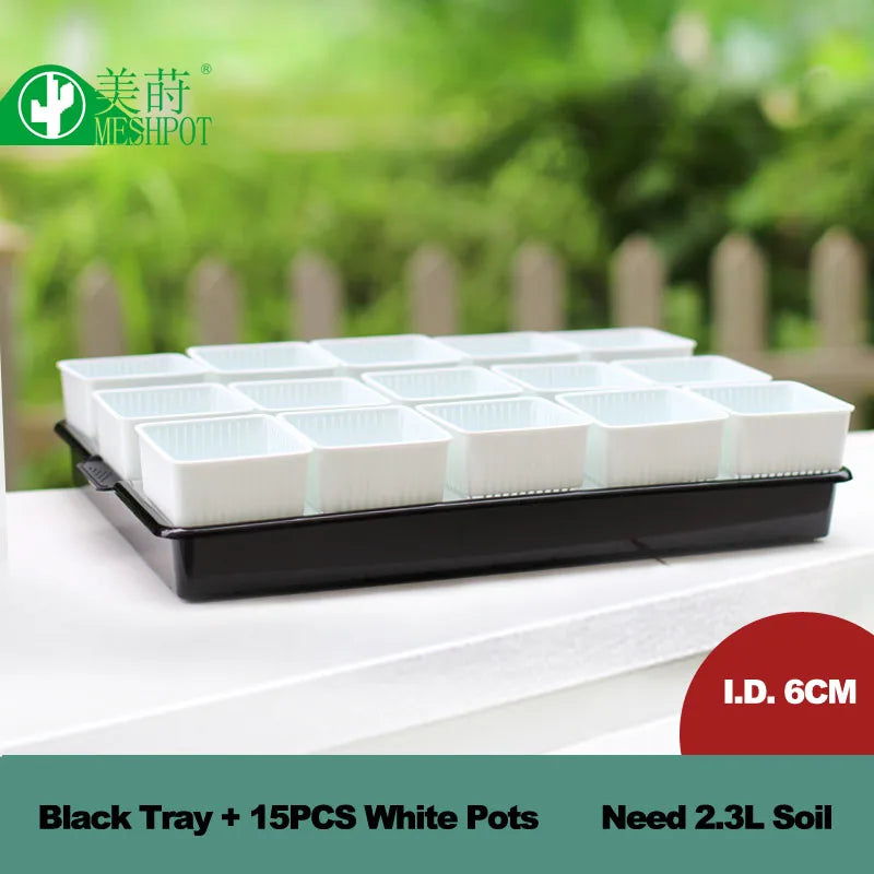 Plastic seedling pot set with 16 white square pots in a black tray, 6cm ID