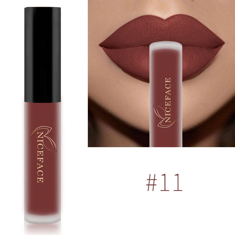 NICEFACE #11 velvet matte liquid lipstick in deep nude-red shade, waterproof long-lasting lip tint cosmetic.