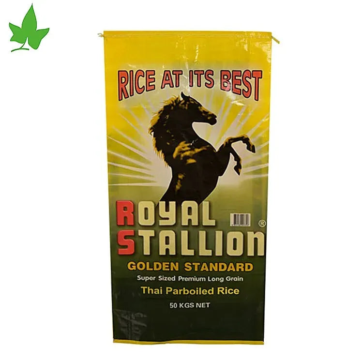 Yellow rice packaging bag with horse graphic, Rice at Its Best and Royal Stallion branding