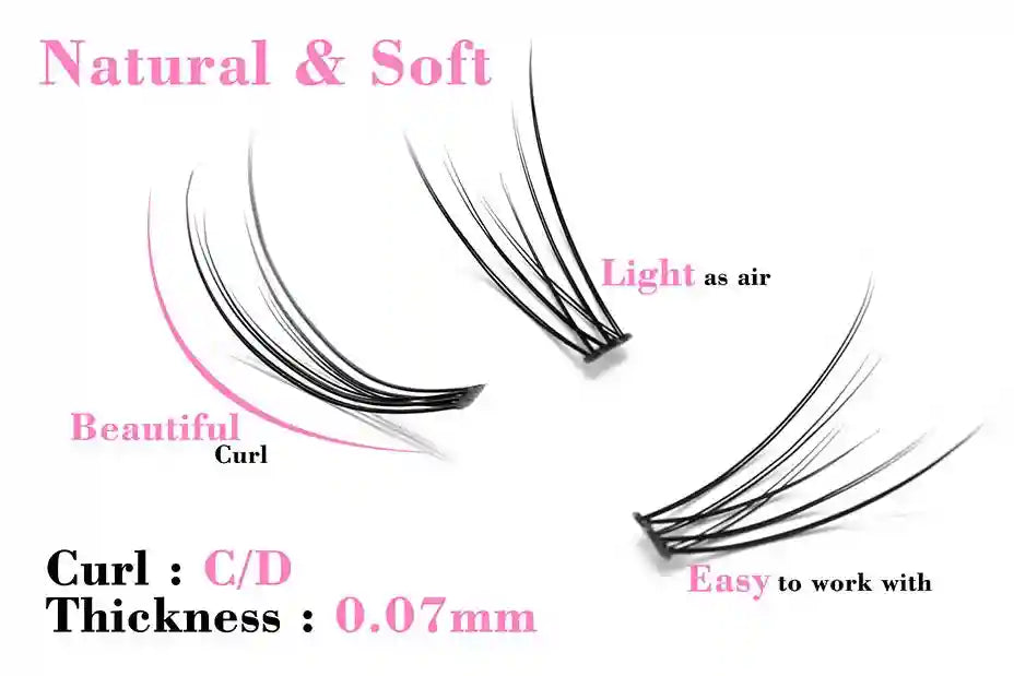 Three clusters of black, flared 3D mink eyelashes with text labels highlighting curl, softness, and ease of use.