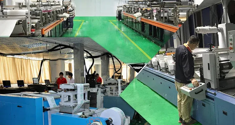 Thermal label production line with printing equipment and workers in a factory