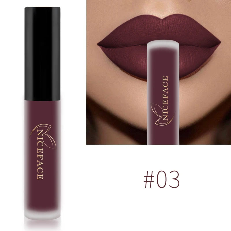 NICEFACE matte liquid lipstick #03: deep burgundy velvet lip tint with waterproof finish and full-coverage pigment.