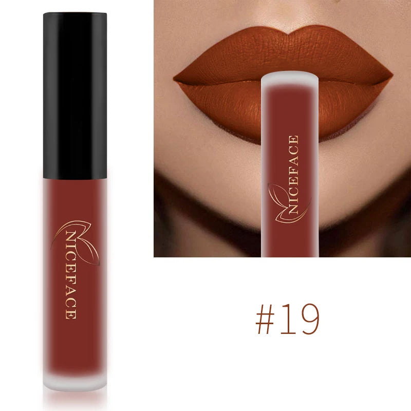 NICEFACE #19 terracotta matte liquid lipstick in a waterproof, long-lasting velvet formula with a smooth pigment finish.