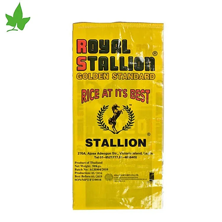 Yellow rice packaging bag with Royal Stallion logo and Rice at Its Best text, sealed top