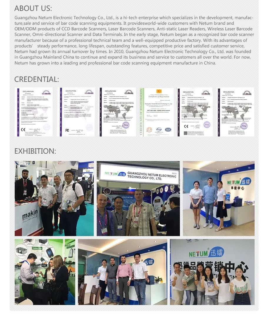 Barcode scanner company information and certifications document page