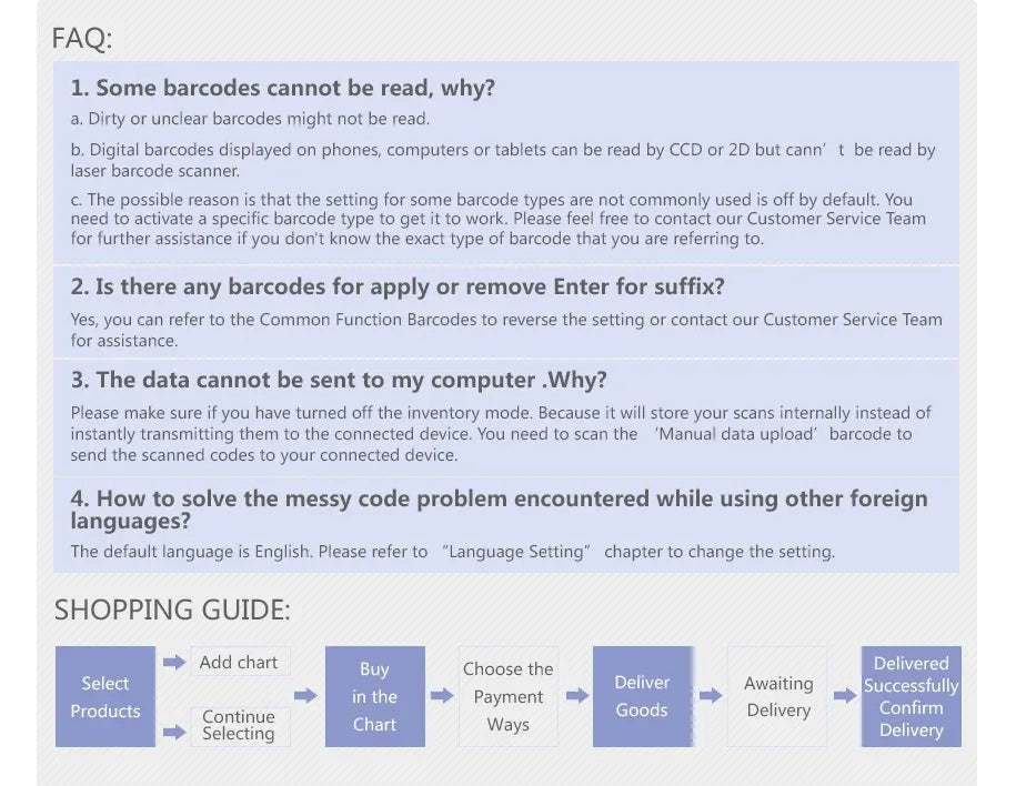 FAQ and shopping guide page for barcode scanning setup and delivery status