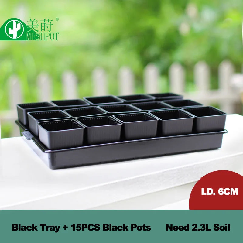 Plastic seedling pot set with black square pots in a black tray, 6cm ID