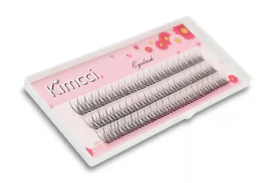 Kimcci black mink 3D individual cluster eyelashes in a flared style, arranged in rows on a floral pink tray.