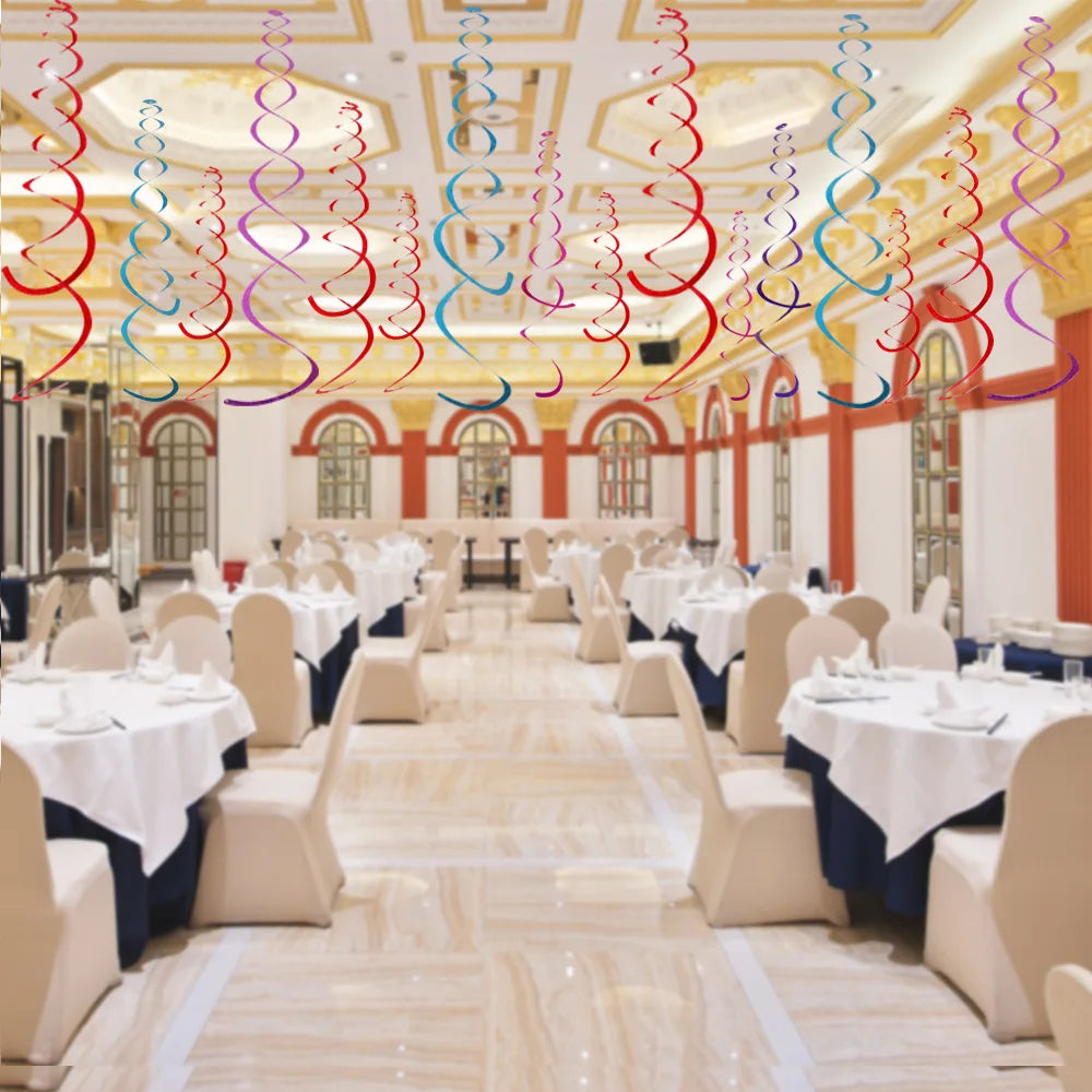 6pcs colorful laser hanging swirl decorations for festive party, birthday, and wedding venue ceiling decor.