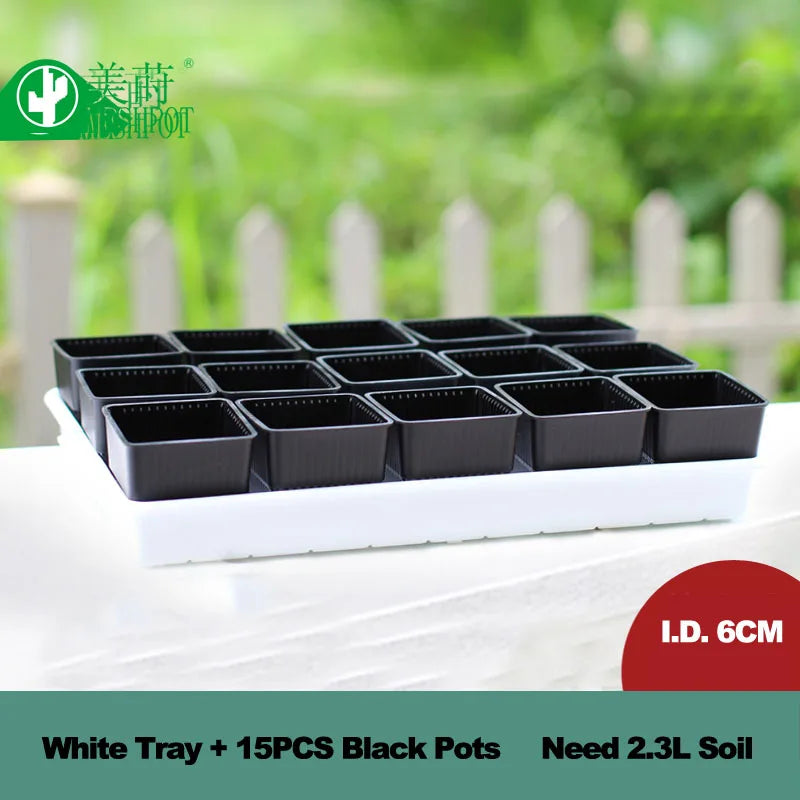 Plastic seedling pot set with 16 small black square pots and a white tray, 6cm ID
