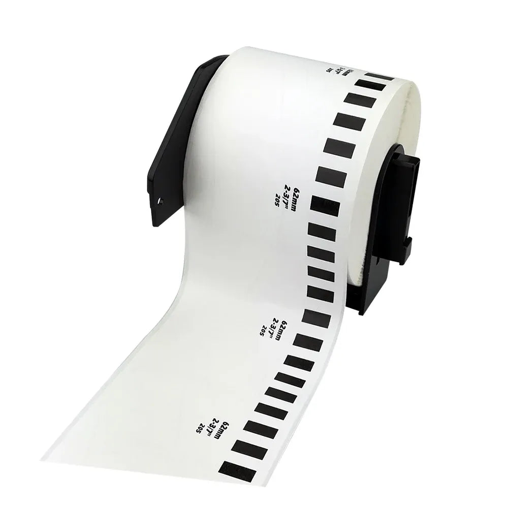 White thermal label tape extending from black label holder, black barcode strip