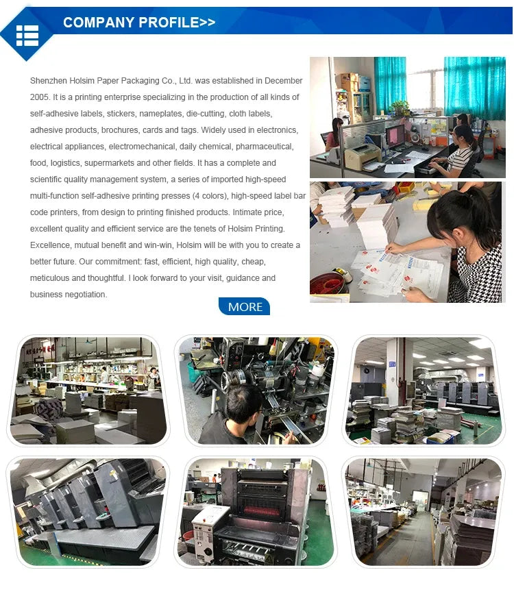 Blue company profile panel with text and small printing-plant photo thumbnails