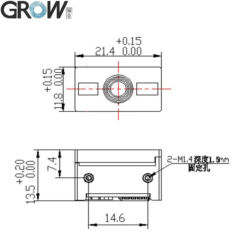 Technical drawing of barcode scanner module dimensions and mounting hole layout