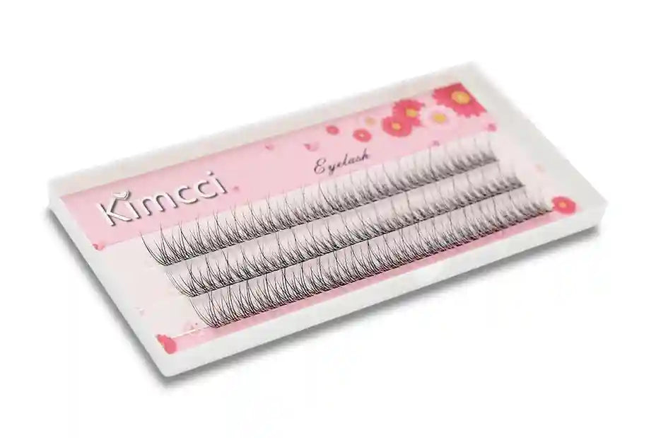 Tray of Kimcci 120pcs black individual mink cluster eyelash extensions with a flared, natural 3D style.
