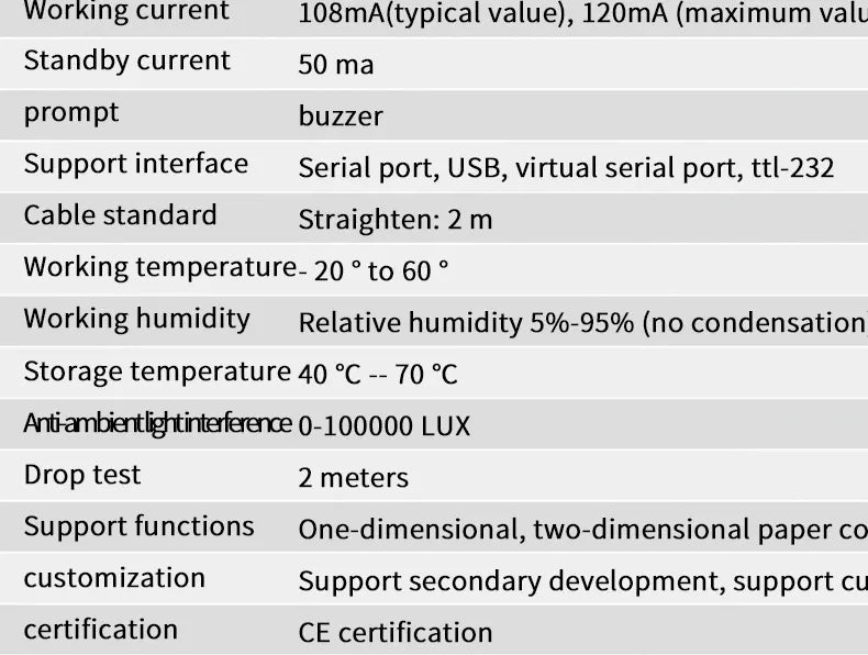 Close-up of barcode scanner specifications sheet with interface, cable length, temperature