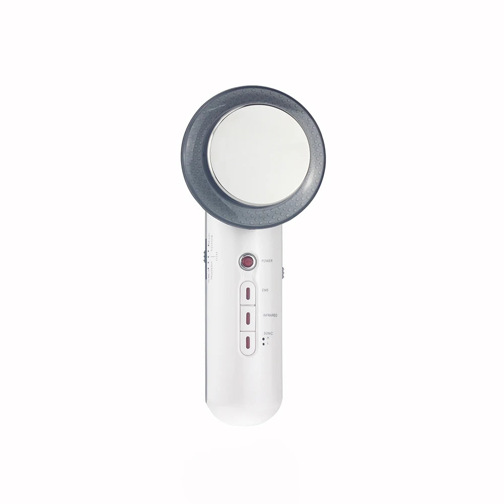 White handheld ultrasonic slimming beauty device with EMS, infrared, and sonic therapy for facial and body care.