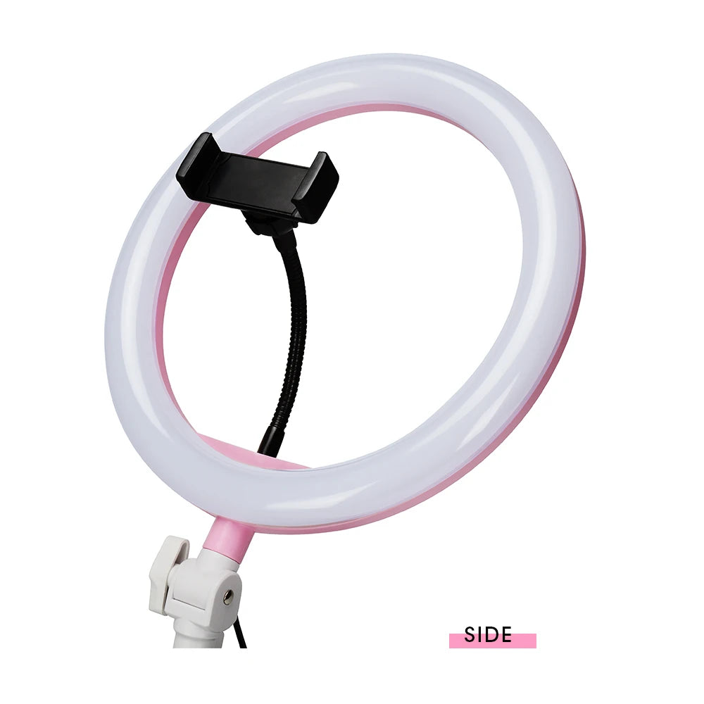 Pink LED ring light with a white frame and a flexible black phone holder attachment for video recording and streaming.