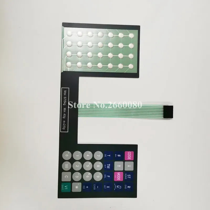 Keyboard membrane keypad film with flat ribbon cable and button overlays for barcode scales