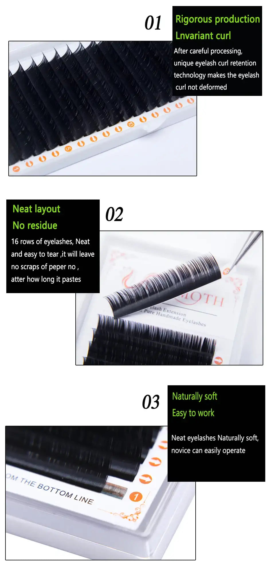 Tray of 16 rows of soft black synthetic eyelash extensions arranged for professional application.