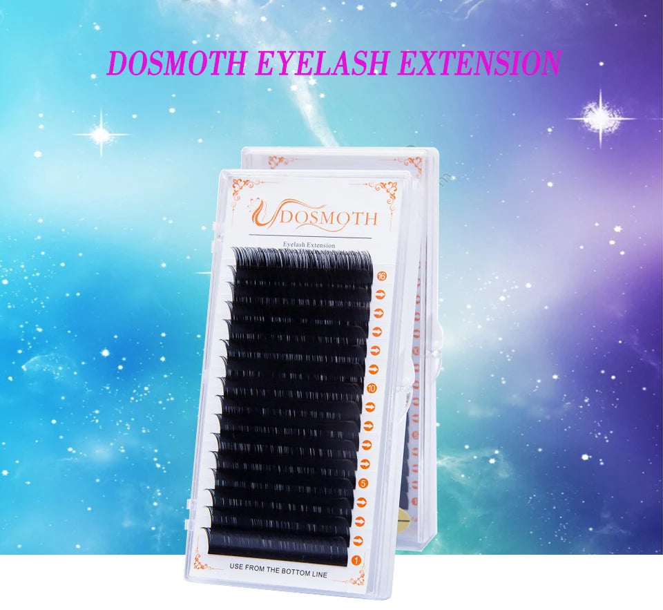 Black synthetic eyelash extensions in a clear plastic rectangular tray for professional beauty application.