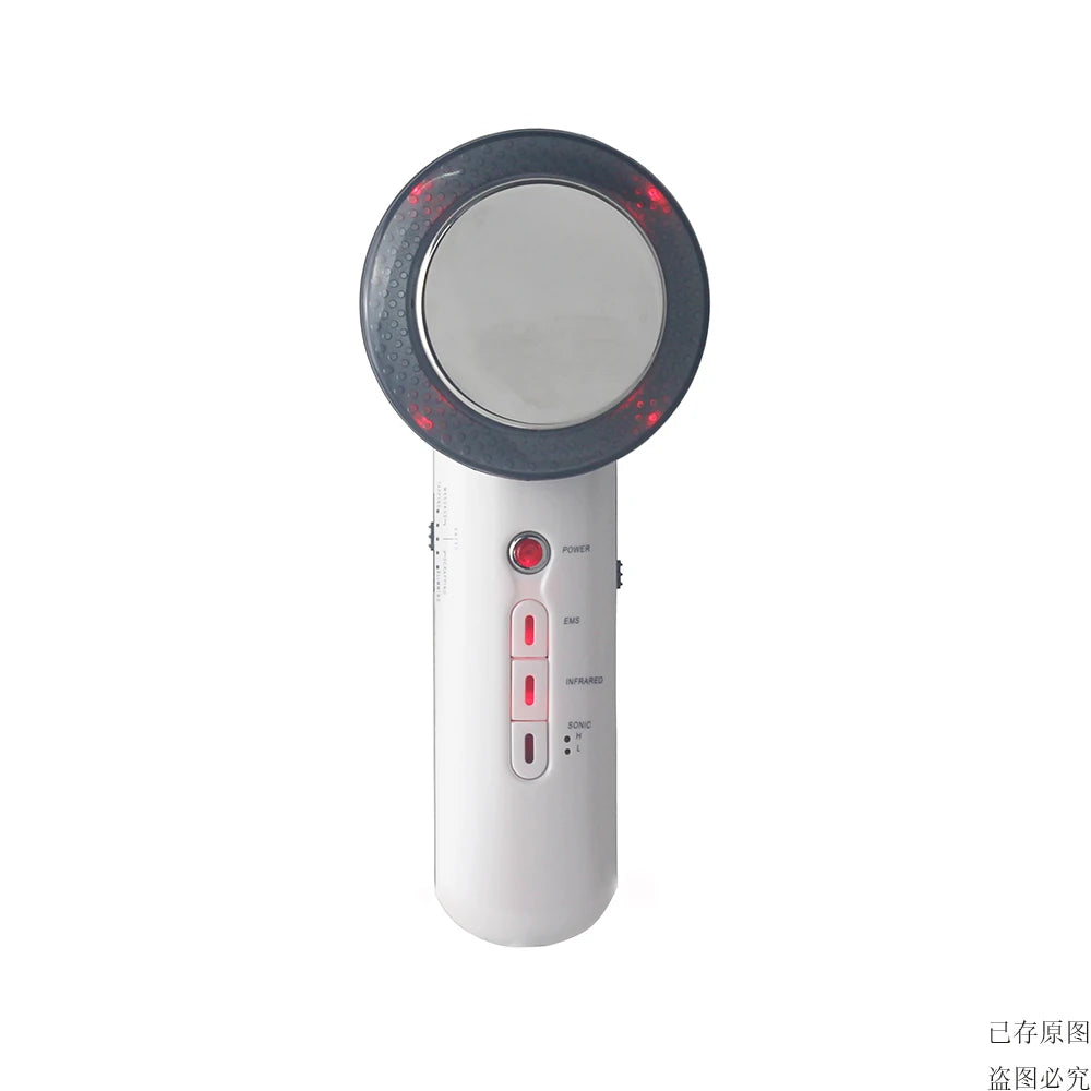 White handheld ultrasonic slimming device with a round metal massage head and buttons for EMS, infrared, and sonic.