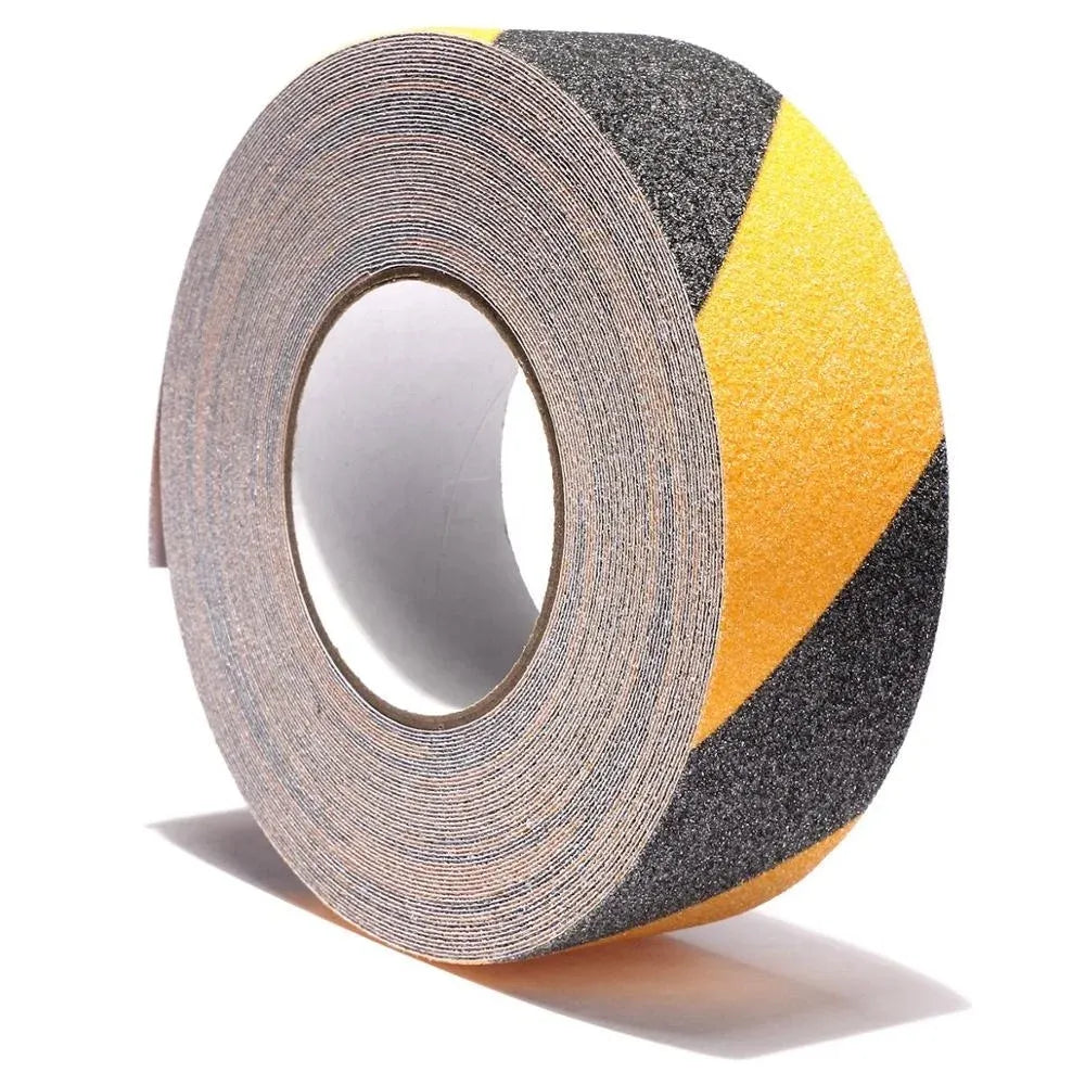 Non-slip safety grip tape roll showing black, yellow, and gray diagonal grip pattern
